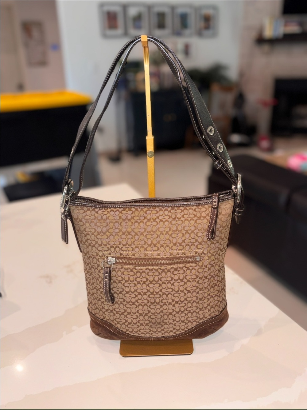 Coach Brown Signature Canvas Shoulder Bag with Dark Brown Trim